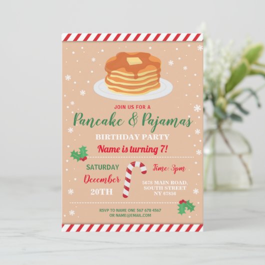 Pannenkoeken & Pyjama Feest Kerst Pyjama Uitnodigi Kaart (Staand voorkant)