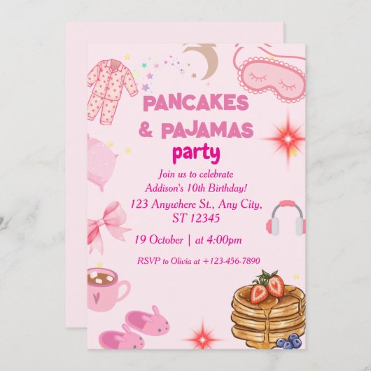 Pannenkoeken Pyjama Party Verjaardag Uitnodiging (Voorkant / Achterkant)