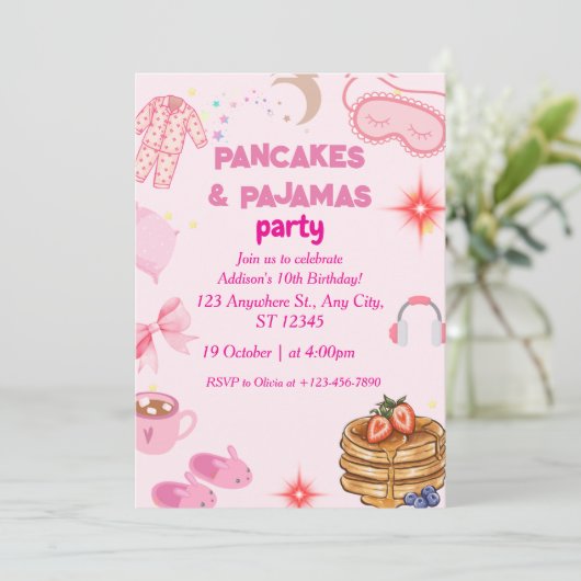 Pannenkoeken Pyjama Party Verjaardag Uitnodiging (Staand voorkant)