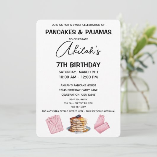 Pannenkoeken & Pyjama Verjaardag Meisje Party Uitn Kaart (Staand voorkant)