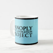 Panoply zwarte logo op een blauwe mok (Voorkant links)