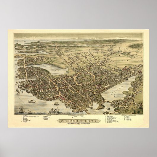 Panorama Birds Eye Uitzicht van Portsmouth NH 1877 Poster (Voorkant)