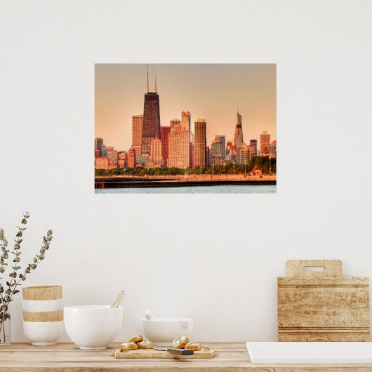 Panorama van Chicago skyline bij zonsopgang Poster (Keuken)