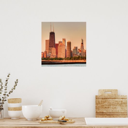 Panorama van Chicago skyline bij zonsopgang Poster (Keuken)
