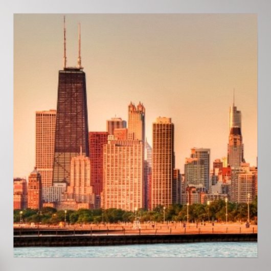 Panorama van Chicago skyline bij zonsopgang Poster (Voorkant)