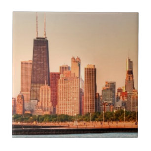 Panorama van Chicago skyline bij zonsopgang Tegeltje