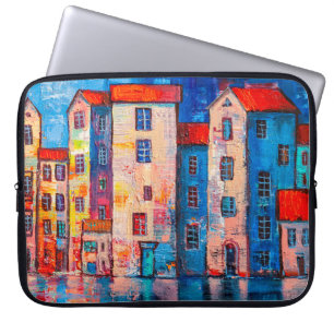 Panorama van de straat met kleurrijke huizen. Impr Laptop Sleeve