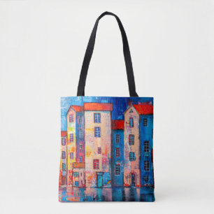 Panorama van de straat met kleurrijke huizen. Impr Tote Bag