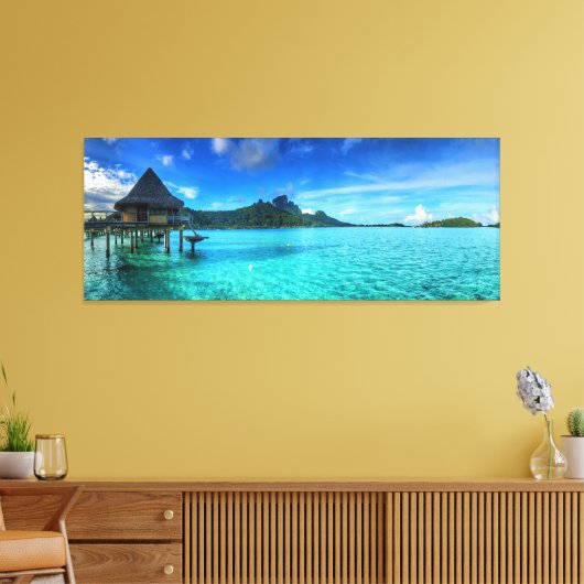 Panorama van een bungalow in Bora-Bora Canvas Afdruk (Insitu (Woonkamer))