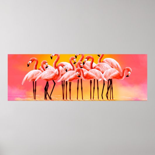 Panorama van roze flamingos op een lichtroze achte poster (Voorkant)