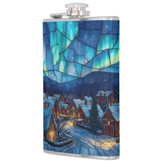 Panoramic stained glass winter village heupfles (Links)