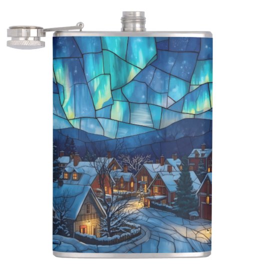 Panoramic stained glass winter village heupfles (Geopend)