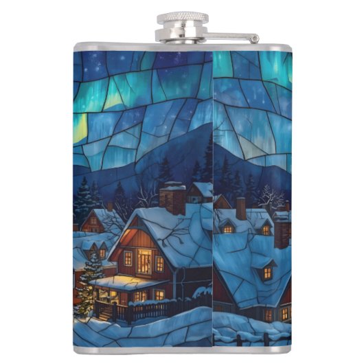 Panoramic stained glass winter village heupfles (Achterkant)