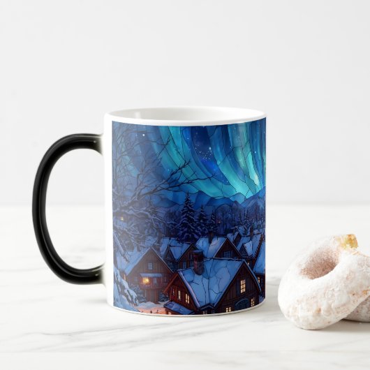 Panoramic Stained Glass Winter Village Magische Mok (Met donut)