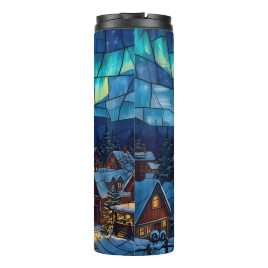 Panoramic stained glass winter village thermosbeker (Achterkant)
