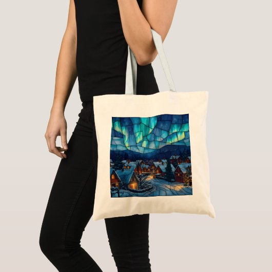 Panoramic Stained Glass Winter Village Tote Bag (Voorkant (product))