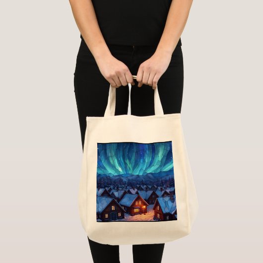 Panoramic Stained Glass Winter Village Tote Bag (Voorkant (product))