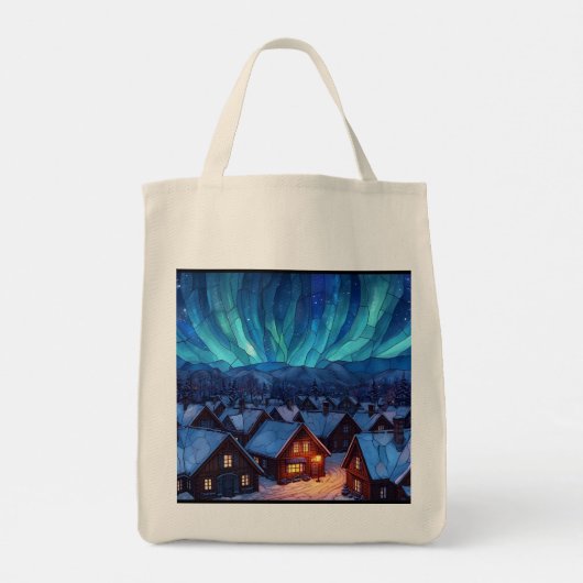 Panoramic Stained Glass Winter Village Tote Bag (Achterkant)