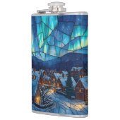 Panoramisch glas-in-lood winterdorp heupfles (Links)