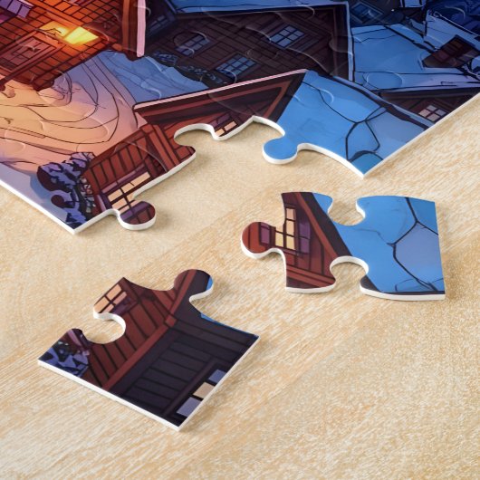 Panoramisch Glas-in-Lood Winterdorp Legpuzzel (Zijkant)
