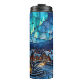 Panoramisch glas-in-lood winterdorp thermosbeker