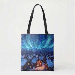Panoramisch glas-in-lood winterdorp tote bag