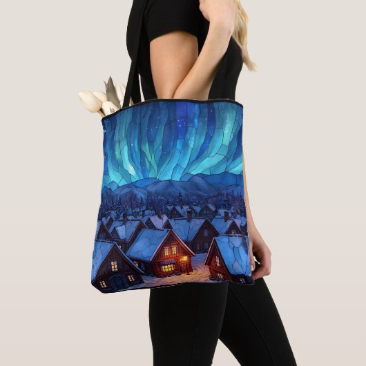 Panoramisch glas-in-lood winterdorp tote bag (Dichtbij)