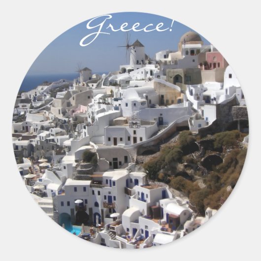 Panoramisch uitzicht Oia, Griekenland Ronde Sticker (Voorkant)