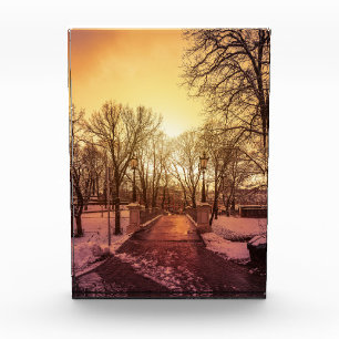 Panoramisch uitzicht van het sneeuwpark tijdens de fotoblokken