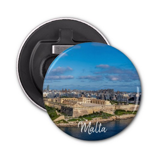 Panoramisch uitzicht van Sliema op Malta Button Flesopener (Voorkant)