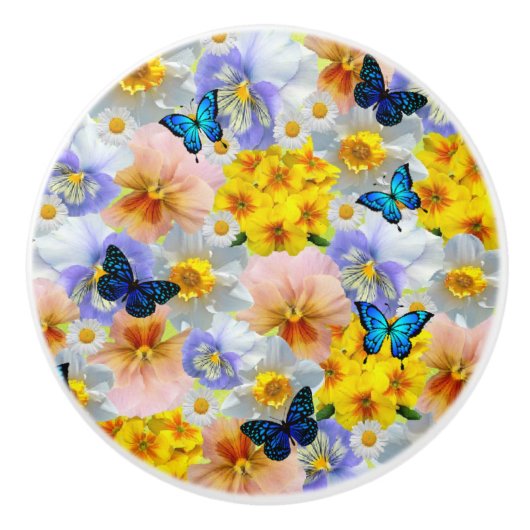 Pansies Daisies en Butterflies Keramische Knop (Voorkant)