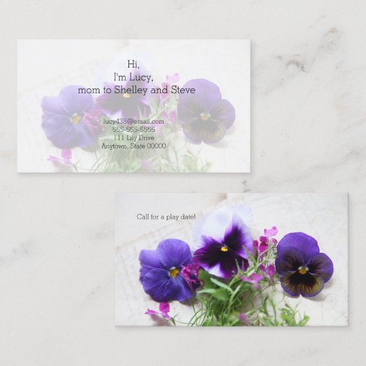 Pansies en lobelia op oude handschrift contactkaartje (Voorkant / Achterkant)