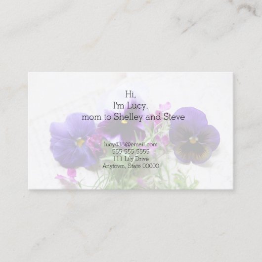 Pansies en lobelia op oude handschrift contactkaartje (Voorkant)