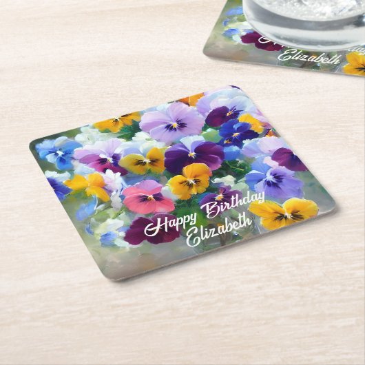 Pansies Gelukkige Verjaardag Kartonnen Onderzetters (Schuin)