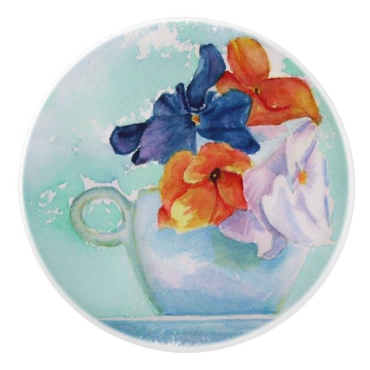 PANSIES IN EEN TEACUP-KNOB KERAMISCHE KNOP (Voorkant)