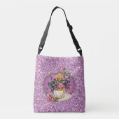 Pansies in Teacup Lavender Faux Glitter Crossbody Tas (Achterkant)