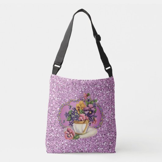 Pansies in Teacup Lavender Faux Glitter Crossbody Tas (Voorkant)