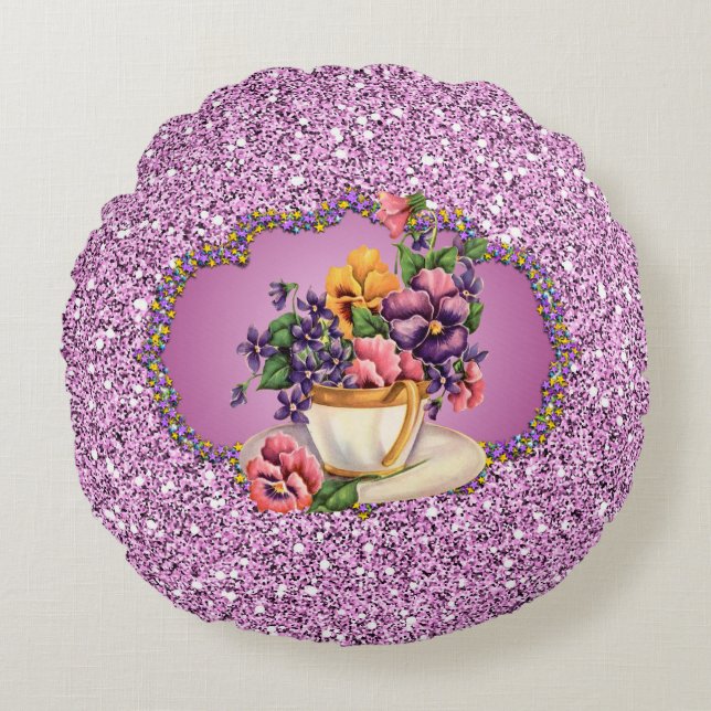  Pansies in Teacup Lavender Faux Glitter Rond Kussen (Voorkant)