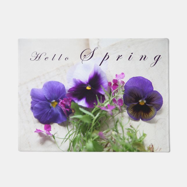 Pansies, lobelia, oud handschrift Hallo lente Deurmat (Voorkant)