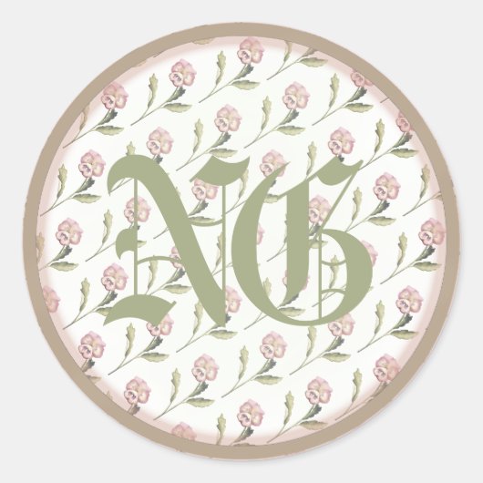 Pansies met Initialen, geverfd Ronde Sticker (Voorkant)