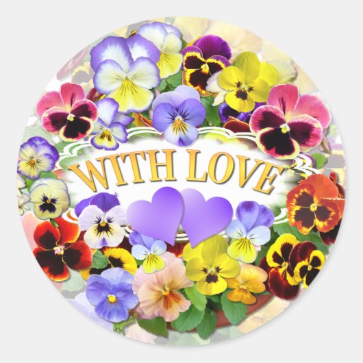 pansies met liefde en hart ronde sticker (Voorkant)