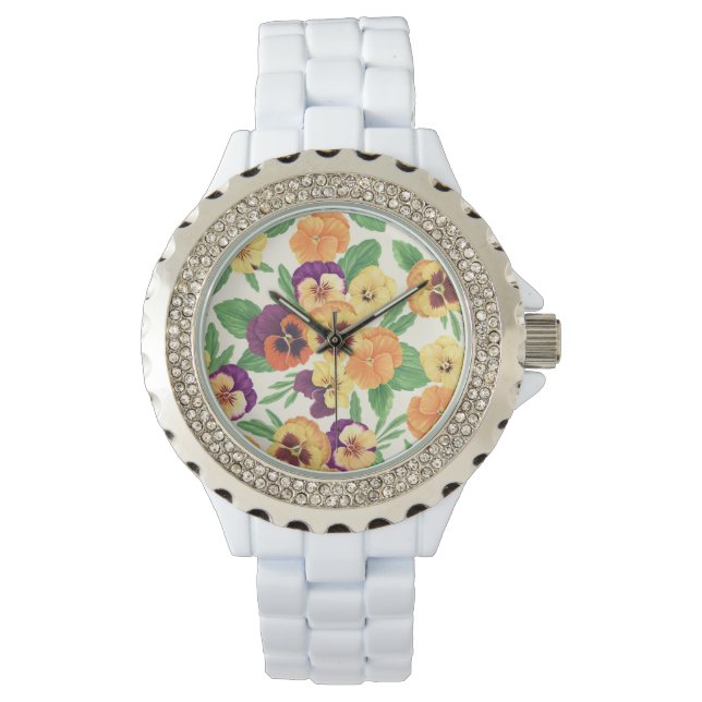Pansies op off white horloge (Voorkant)