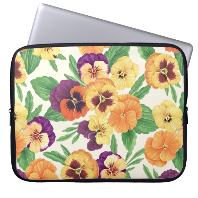 Pansies op off white laptop sleeve (Voorkant)