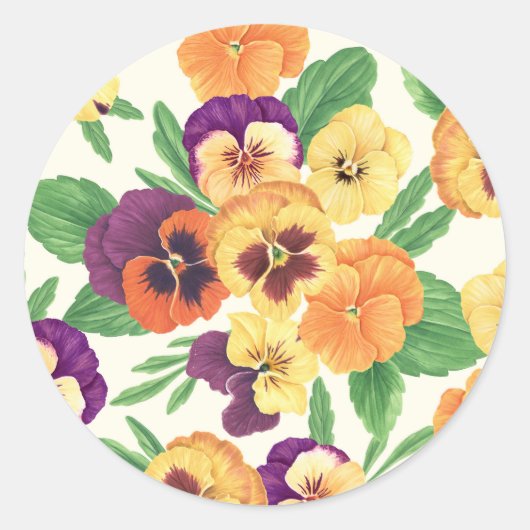 Pansies op off white ronde sticker (Voorkant)