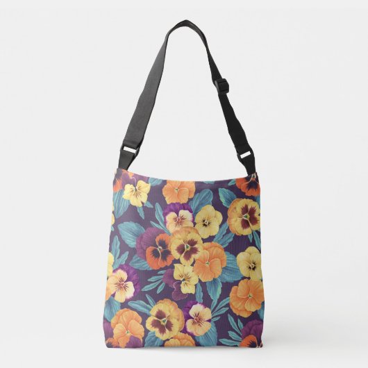 Pansies op pruimenviolet crossbody tas (Voorkant)