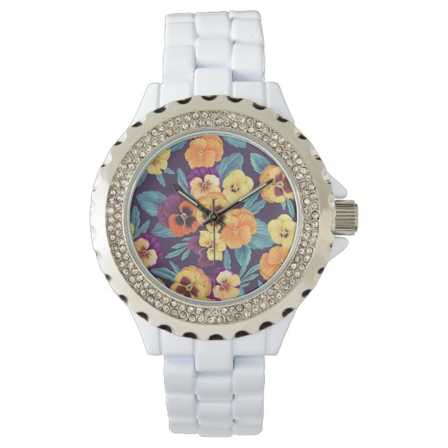 Pansies op pruimenviolet horloge (Voorkant)