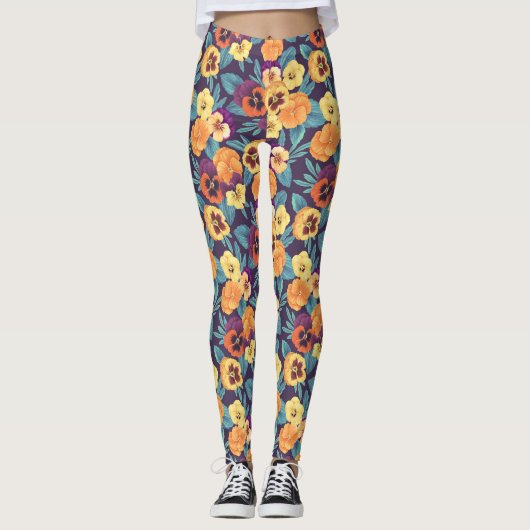 Pansies op pruimenviolet leggings (Voorkant)