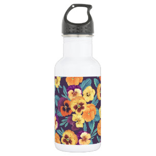 Pansies op pruimenviolet waterfles