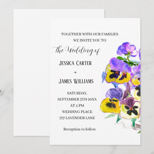 Pansies Pansy Floral Waterverf Wedding Kaart (Voorkant / Achterkant)