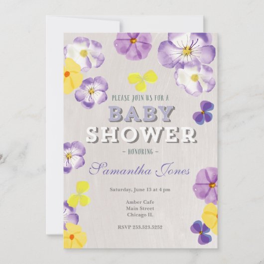 Pansies violas baby shower uitnodiging (Voorkant)